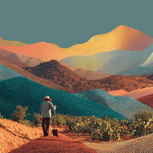 Peasant with a shovel walking among crops, with colourful mountains and stylised textures in the background